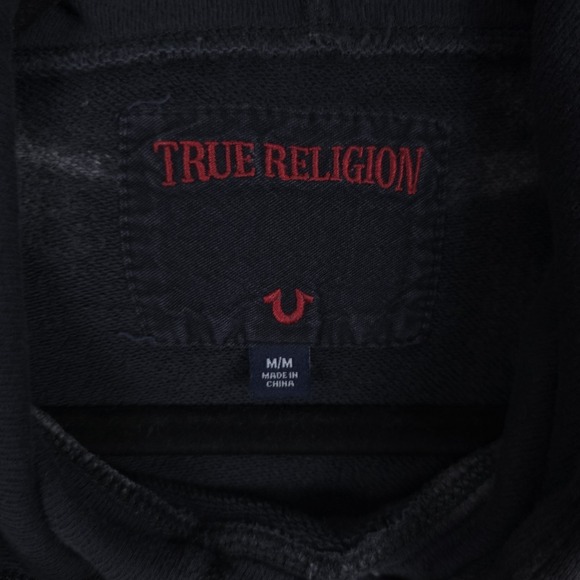 True Religion Distressed Hoodie‎ Mens Medium Gray Pullover Sweatshirt Grunge Y2K - Picture 3 of 12